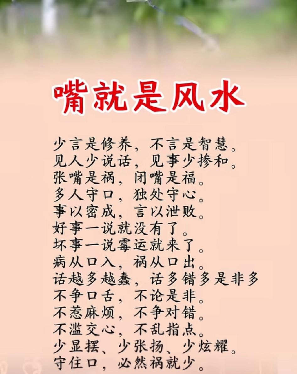 知者不言，言者不知；
智者慎言，愚者妄语。三年学说话，一生学闭嘴。少言是一种修养
