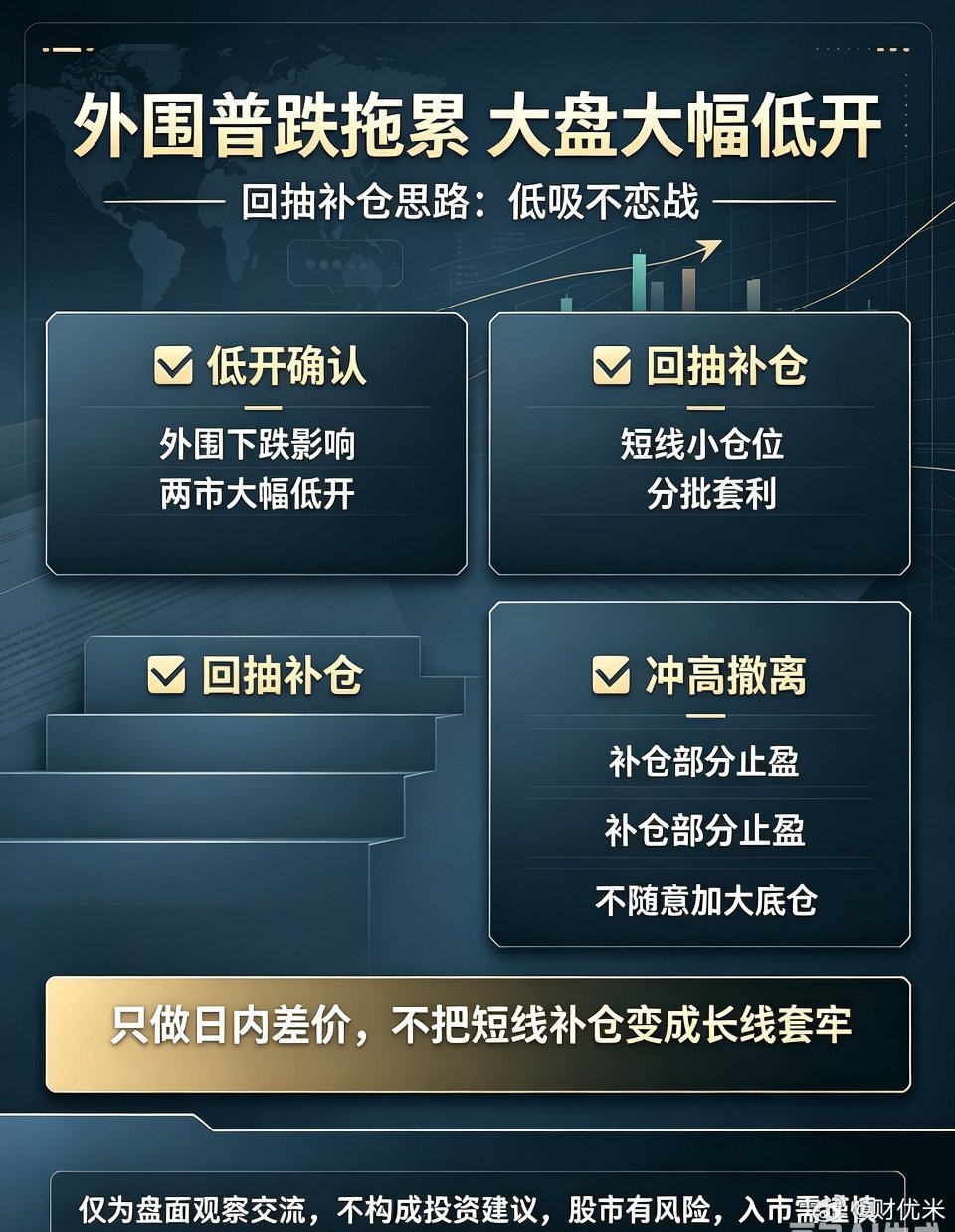 外围市场集体走弱拖累A股大幅低开，盘面大概率会开启技术性回抽行情。短线思路：回抽