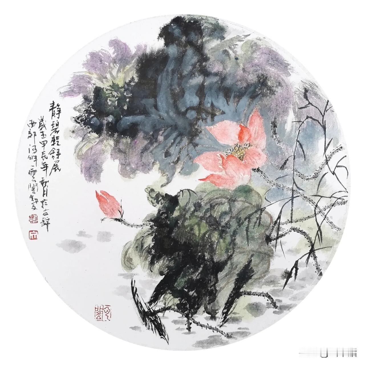 邓文作品《静碧轻舒展》中国花鸟画在笔墨气韵中，形成了独特的艺术语言，并以借景抒情