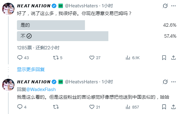 美国球迷投票：热火现在是否应该交易阿德巴约迈阿密热火