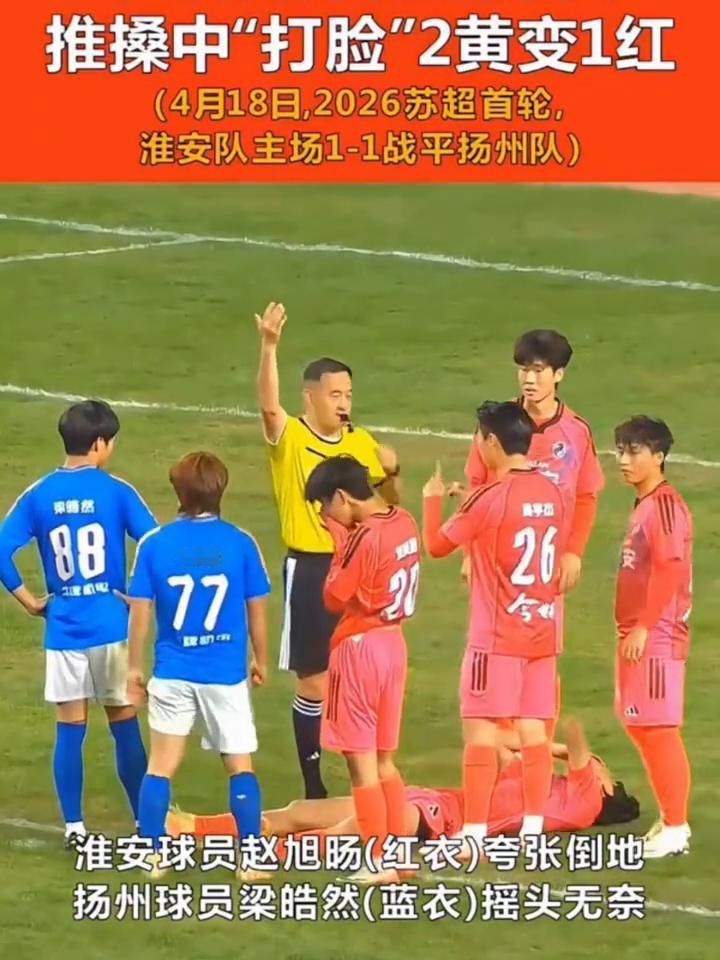 推搡中"打脸"2黄变1红。
4月18日，2026苏超首轮，淮安队主场1-1战平扬