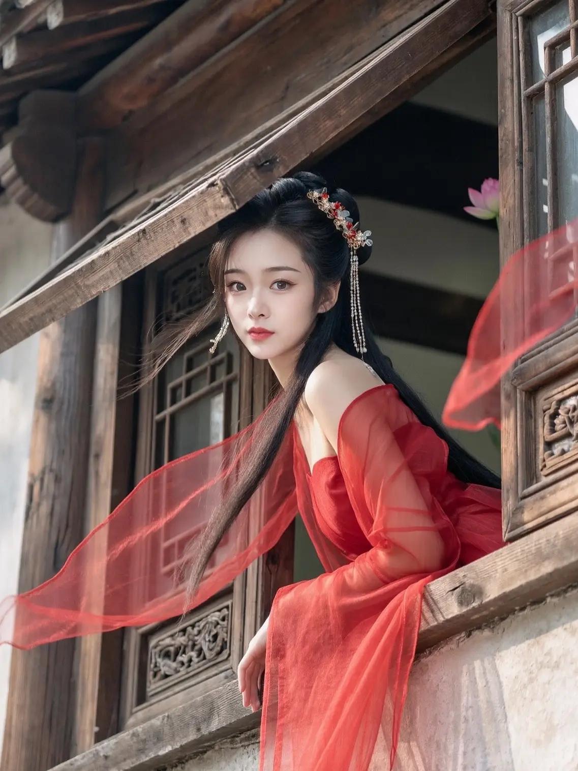 她如星光般闪耀，不知在楼上打开窗看什么？