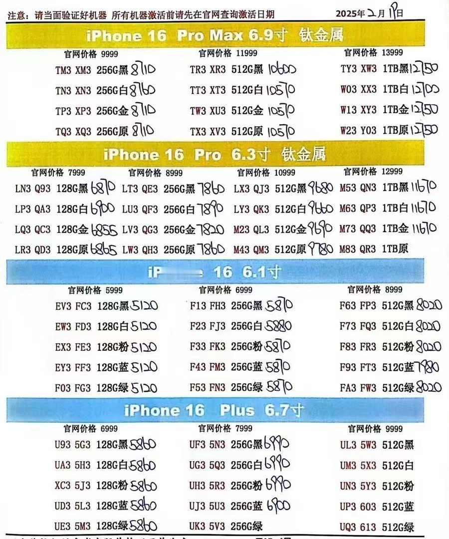 2月19日国行苹果手机系列价格行情，今天的16系列大多数型号小跌一点，略跌一丢丢