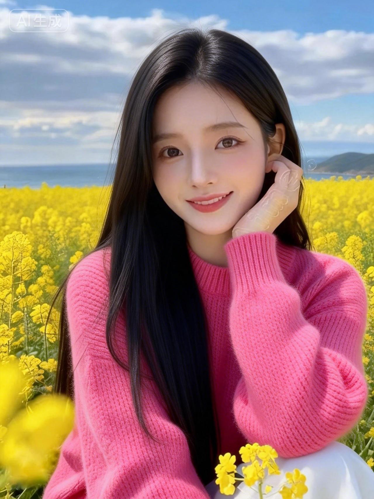 粉衣美人倚花笑，海天一色映芳容。