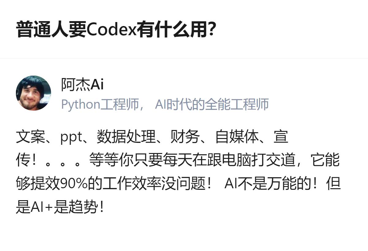 关于普通人用Codex的价值，有回答明确给出了覆盖文案、数据处理、财务等多类日常