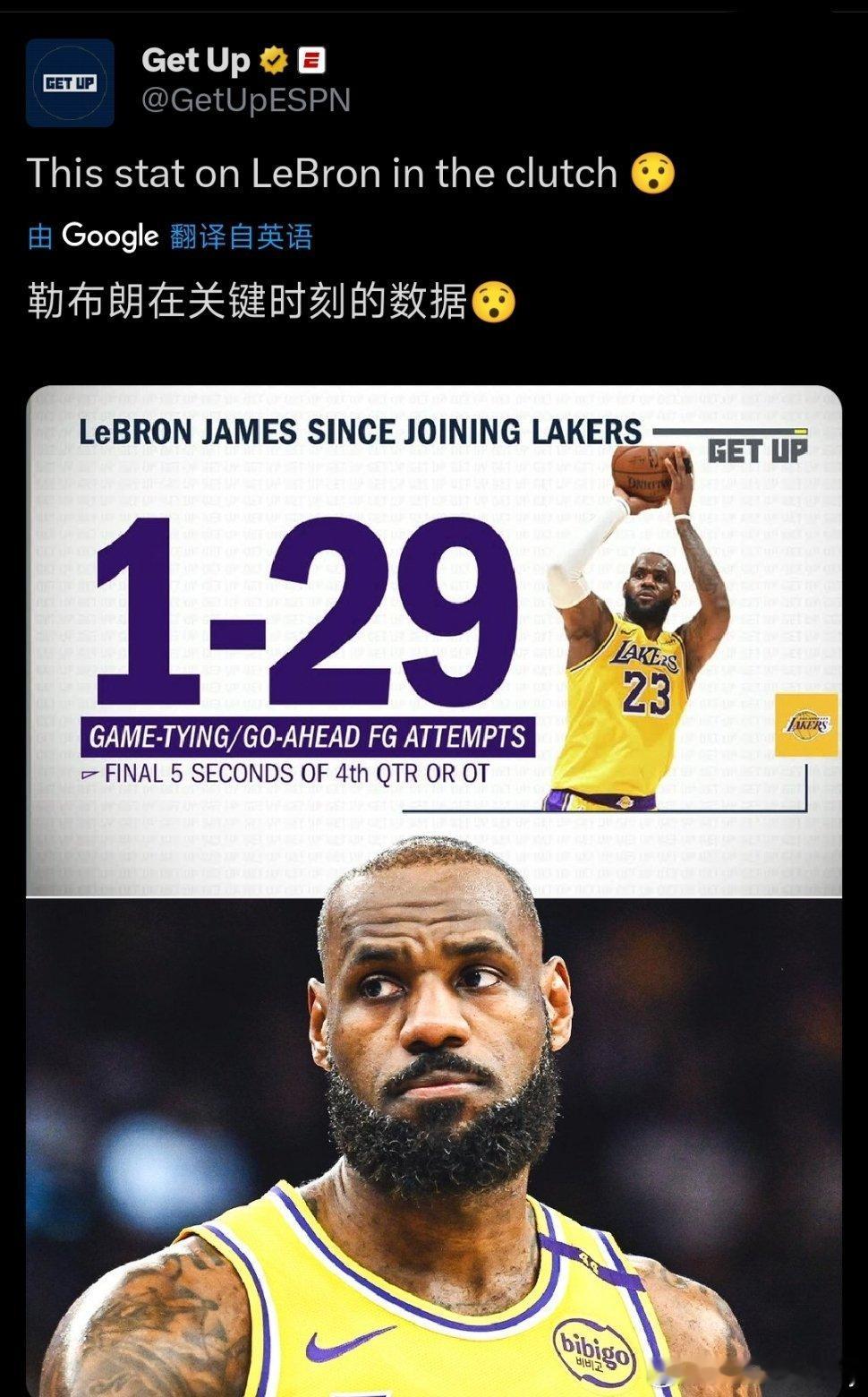 据ESPN的数据统计，勒布朗詹姆斯自加盟湖人以来，比赛最后5秒内扳平或反超球一共