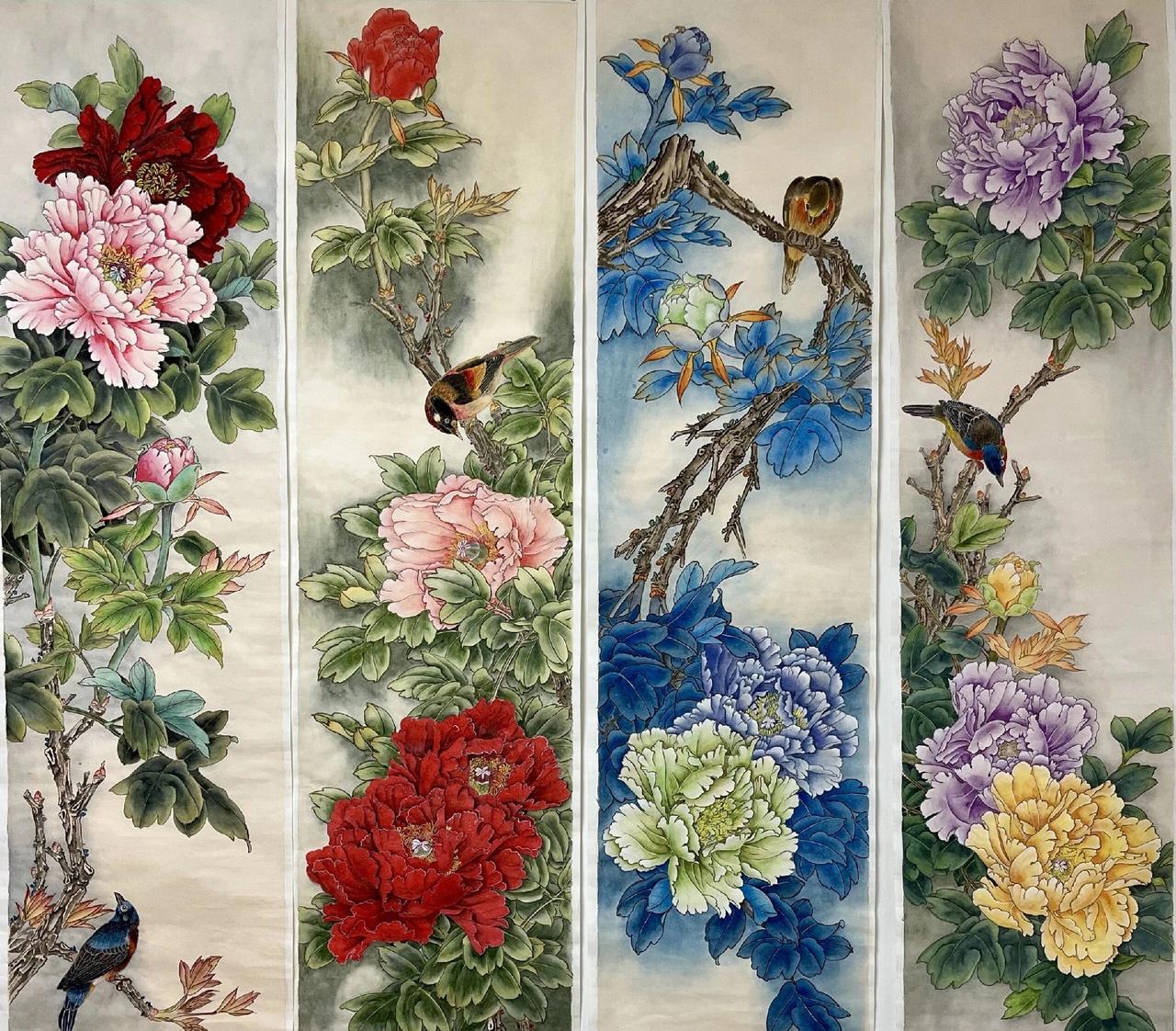 四条屏花鸟画欣赏