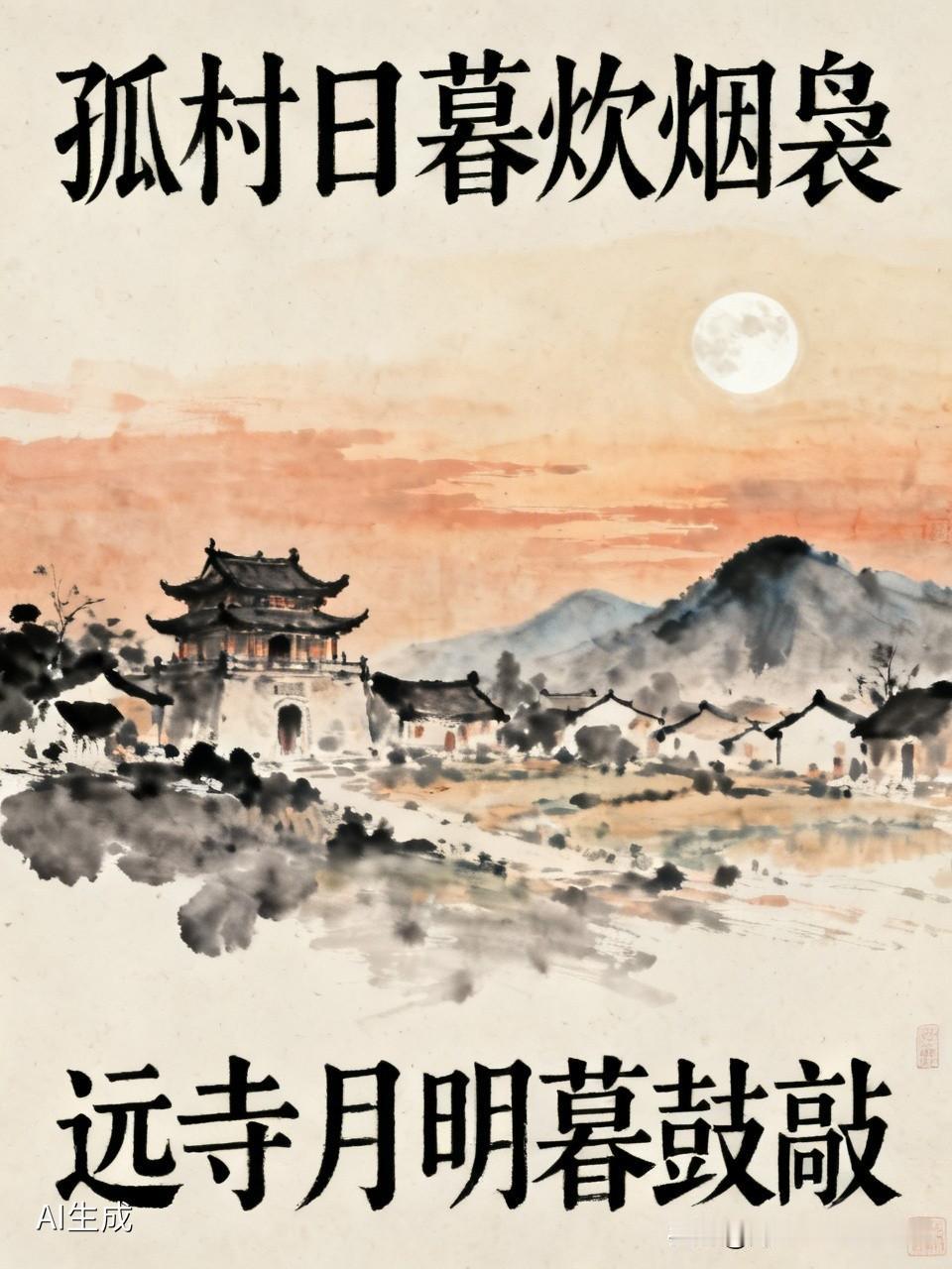 上联：孤村日暮炊烟袅；求下联'下联，远寺月明暮鼓敲！