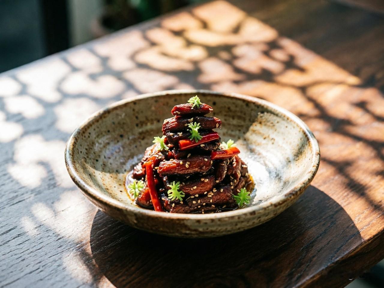 麻辣鸭脯肉

味型： 干香麻辣，嚼劲十足，回味悠长。

核心技法： 干煸。

烹