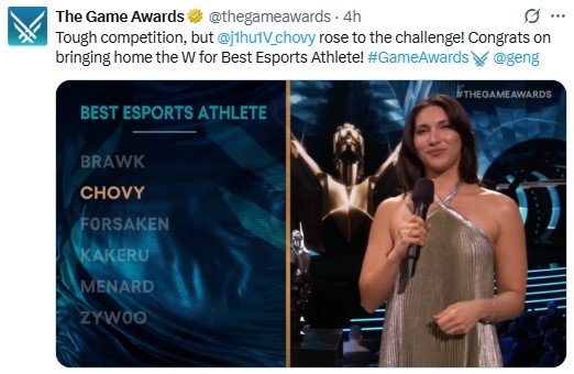 TGA年度颁奖典礼今早进行，GEN.G 英雄联盟分部的 Chovy 选手荣获 T