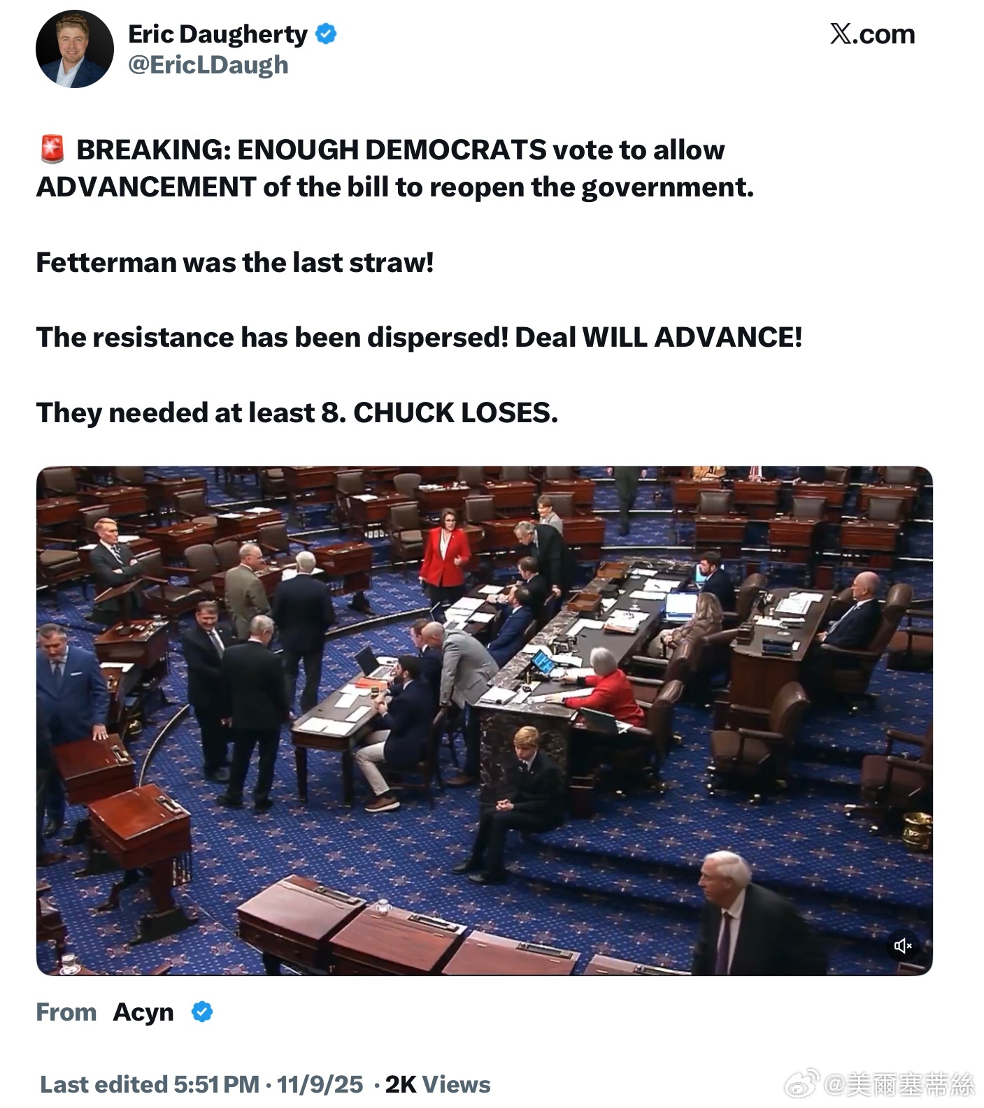 已經有足夠的民主黨人投票支持推動重啟政府法案。費特曼是壓垮駱駝的最後一根稻草！阻