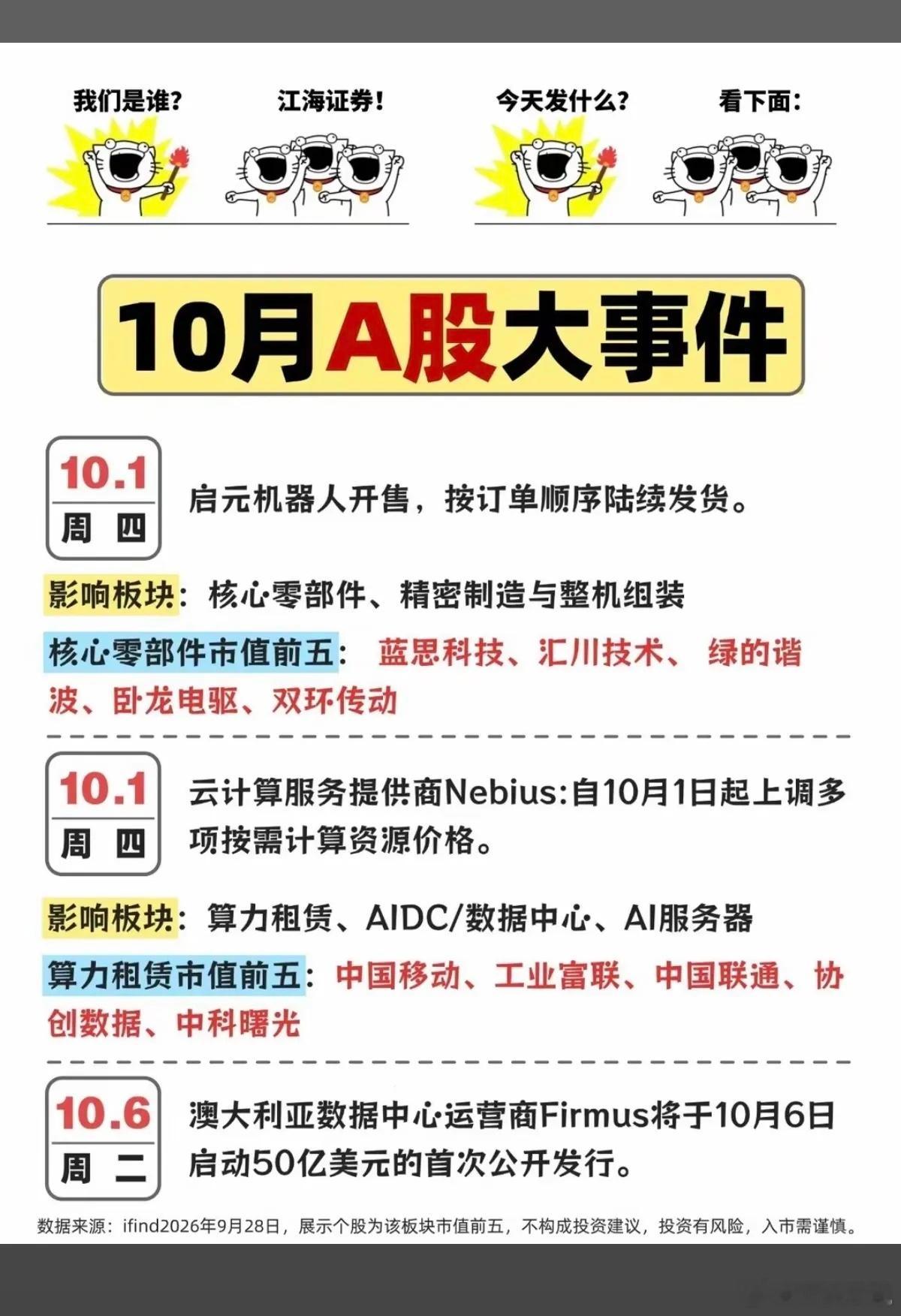 10月份：A股财经大事件前瞻！1.启元机器人开售2.算力租赁，数据中心3.人工智