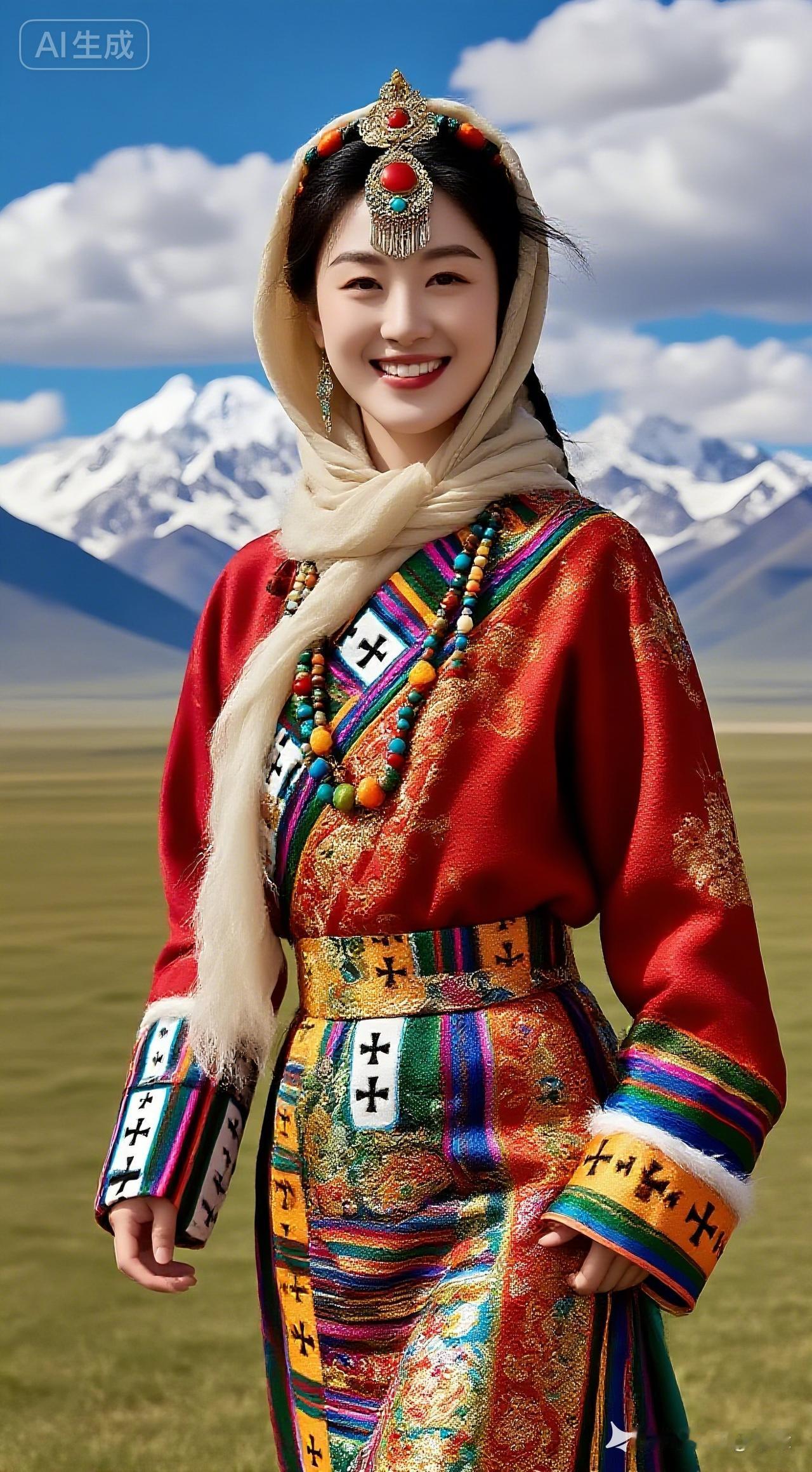 在雪山脚下，身着传统服饰的美丽姑娘，笑容灿烂，宛如画中人。