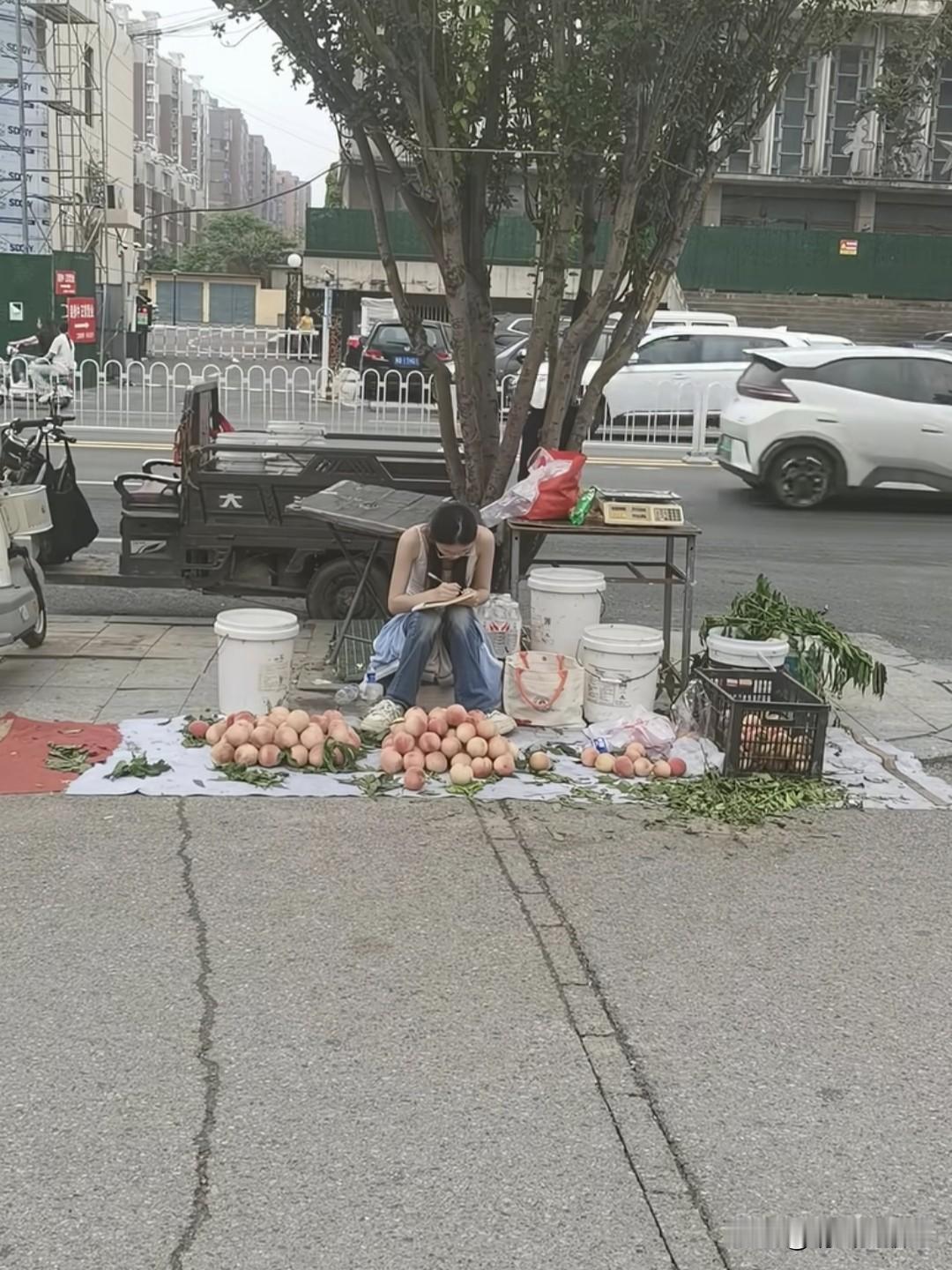 她只是一个初二的女孩子，每天在单位门口陪着奶奶卖水果，因为有暑假作业，没有顾客的