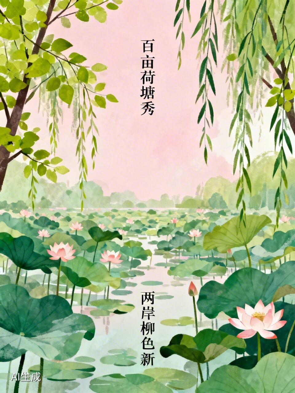 上联：百亩荷塘秀，求下联？两岸柳色新。