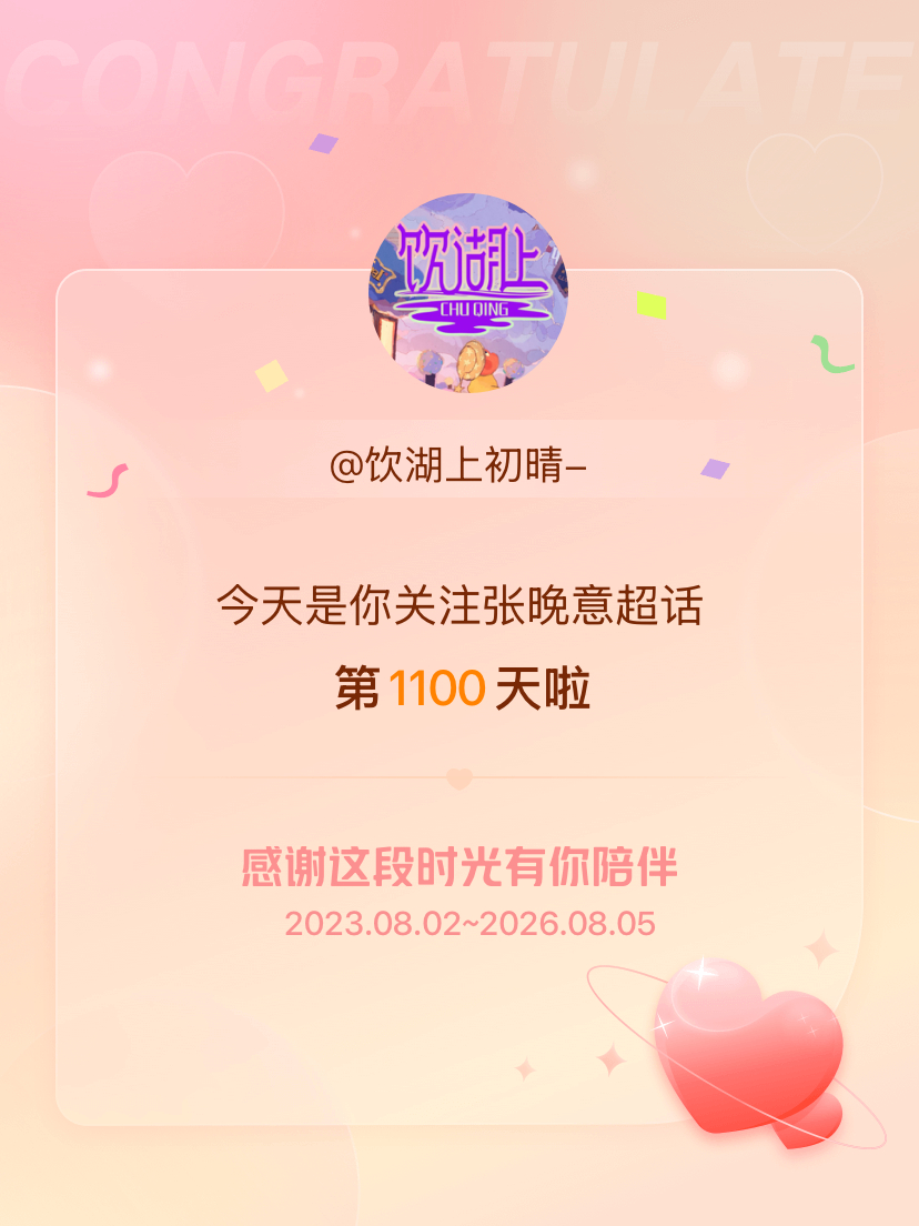 张晚意今天是我关注超话的第1100天，希望能继续伴你一路前行～ 