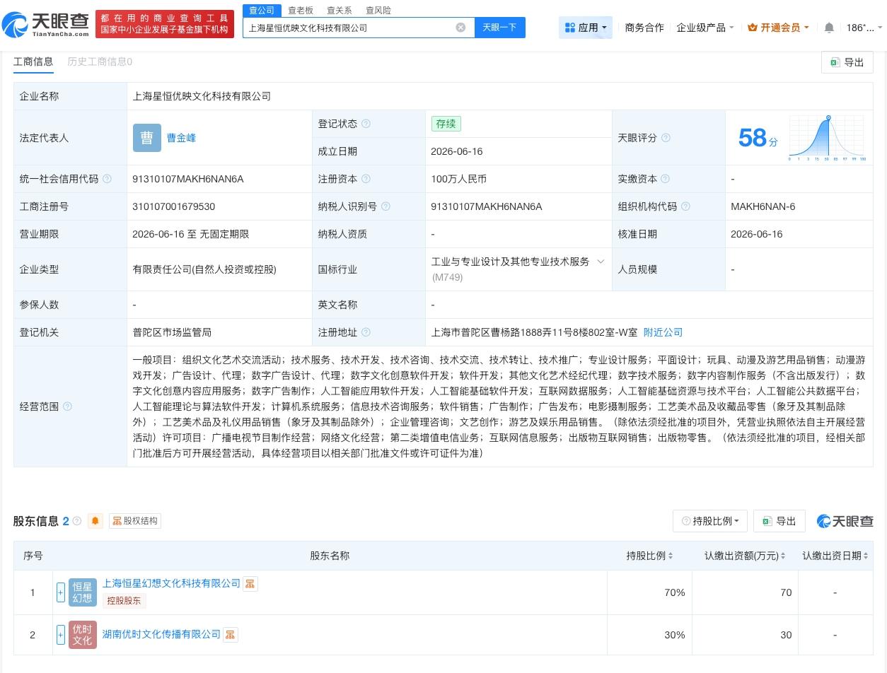 恒星引力等在上海成立新公司

天眼查App显示，近日，上海星恒优映文化科技有限公