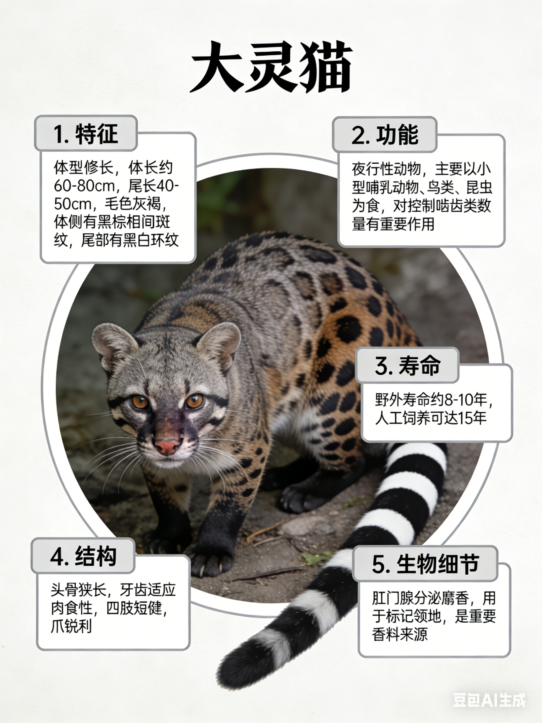 我AI的动物 今天来认识超神秘的大灵猫它身形矫健，像灵动的“夜行侠”，穿梭在山林