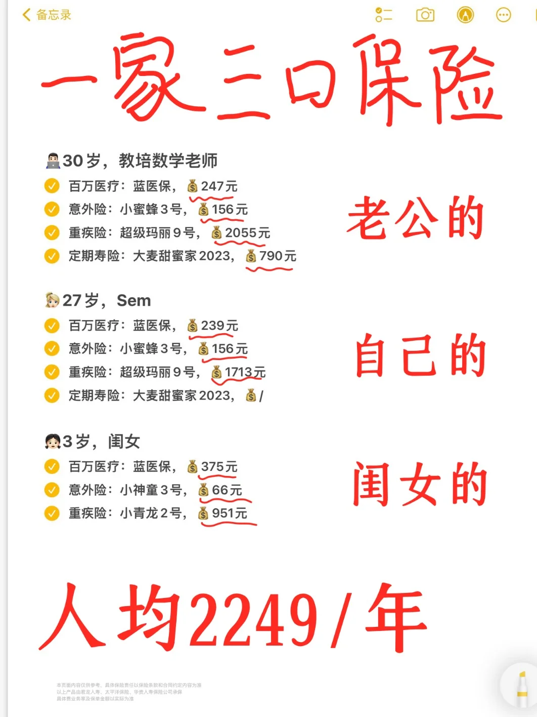 踏实了，研究半个月6k买齐一家人的保险！