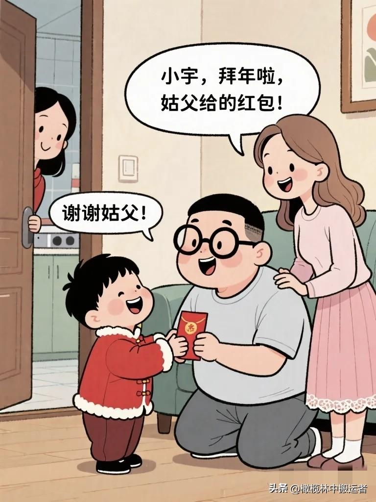 搞笑漫画：侄子来拜年，我掏出红包笑呵呵递过去。侄子拆开看了看：“姑父，去年也是两