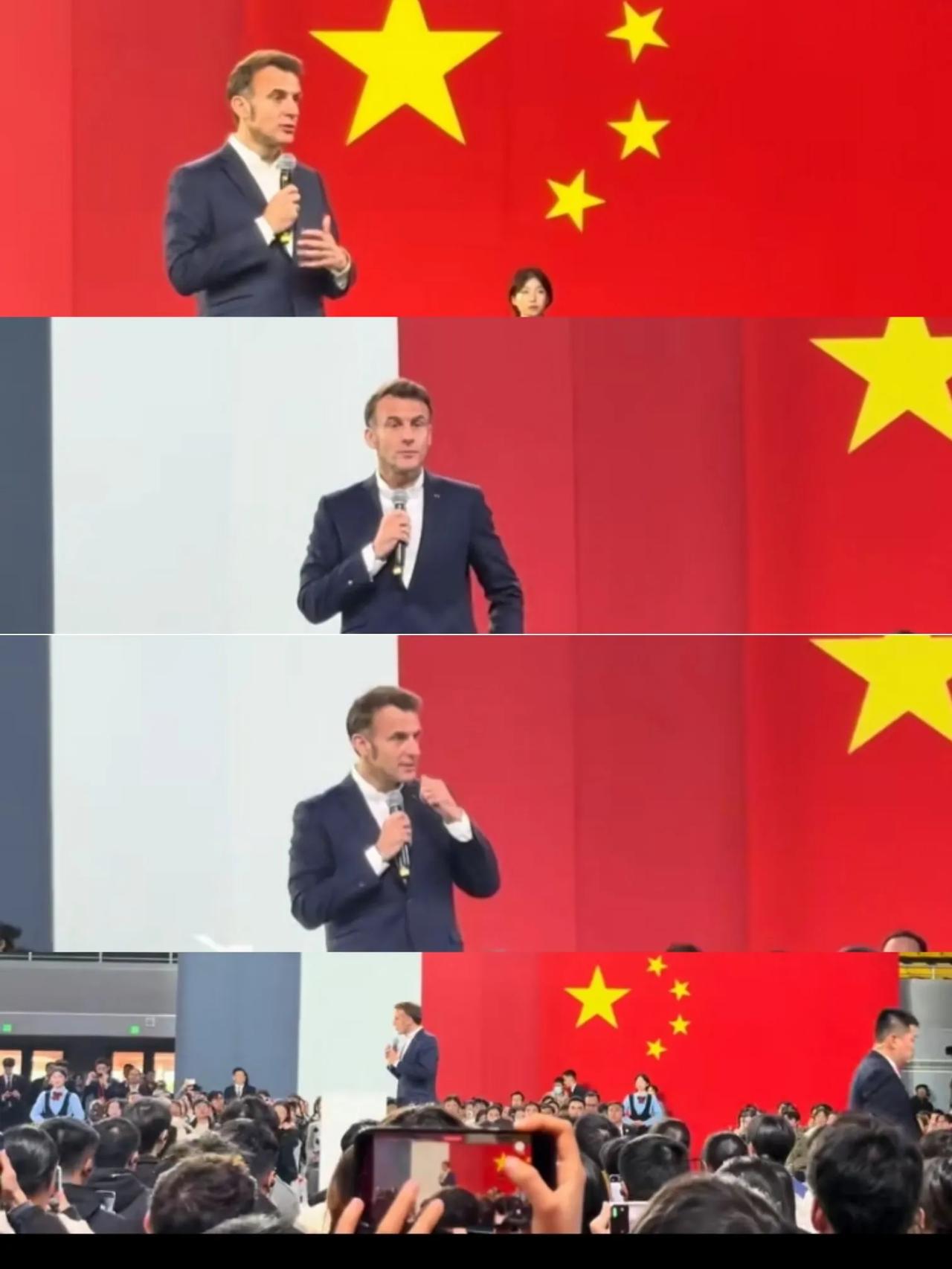 不得不说，四川大学真有能人，马克龙在四川大学演讲，背景太有设计感，给人一种错觉，