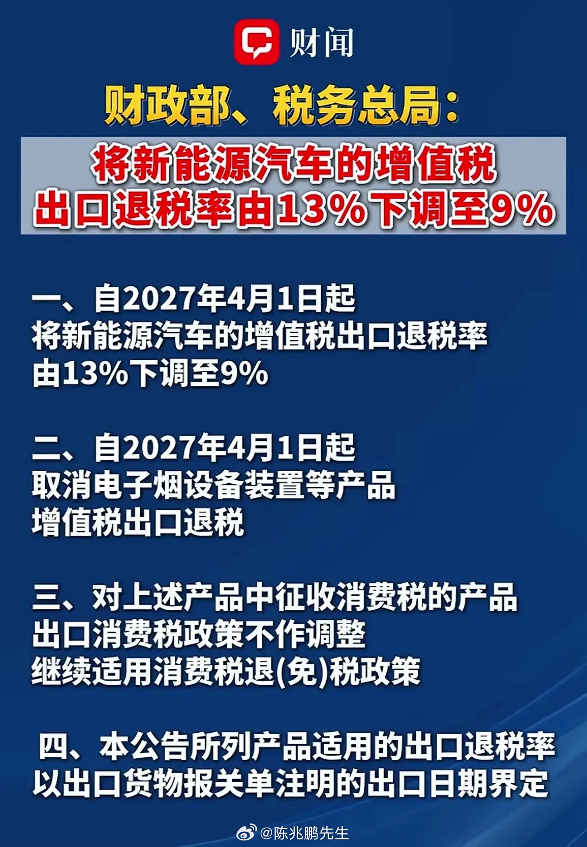调整新能源汽车等产品出口退税政策财政部、税务总局今天发布公告，自2027年4月1