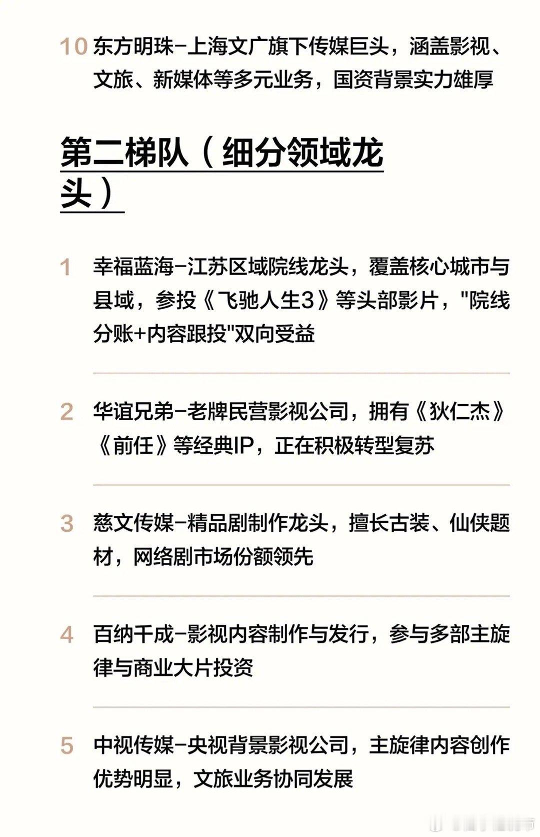 一份中国影视传媒公司综合实力分析报告，按梯队划分，并附上关键亮点，方便快速了解“