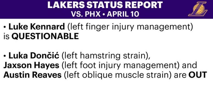 湖人对阵太阳伤病报告：肯纳德（左手手指伤势管理）出战成疑东契奇（左腿筋拉伤）、海