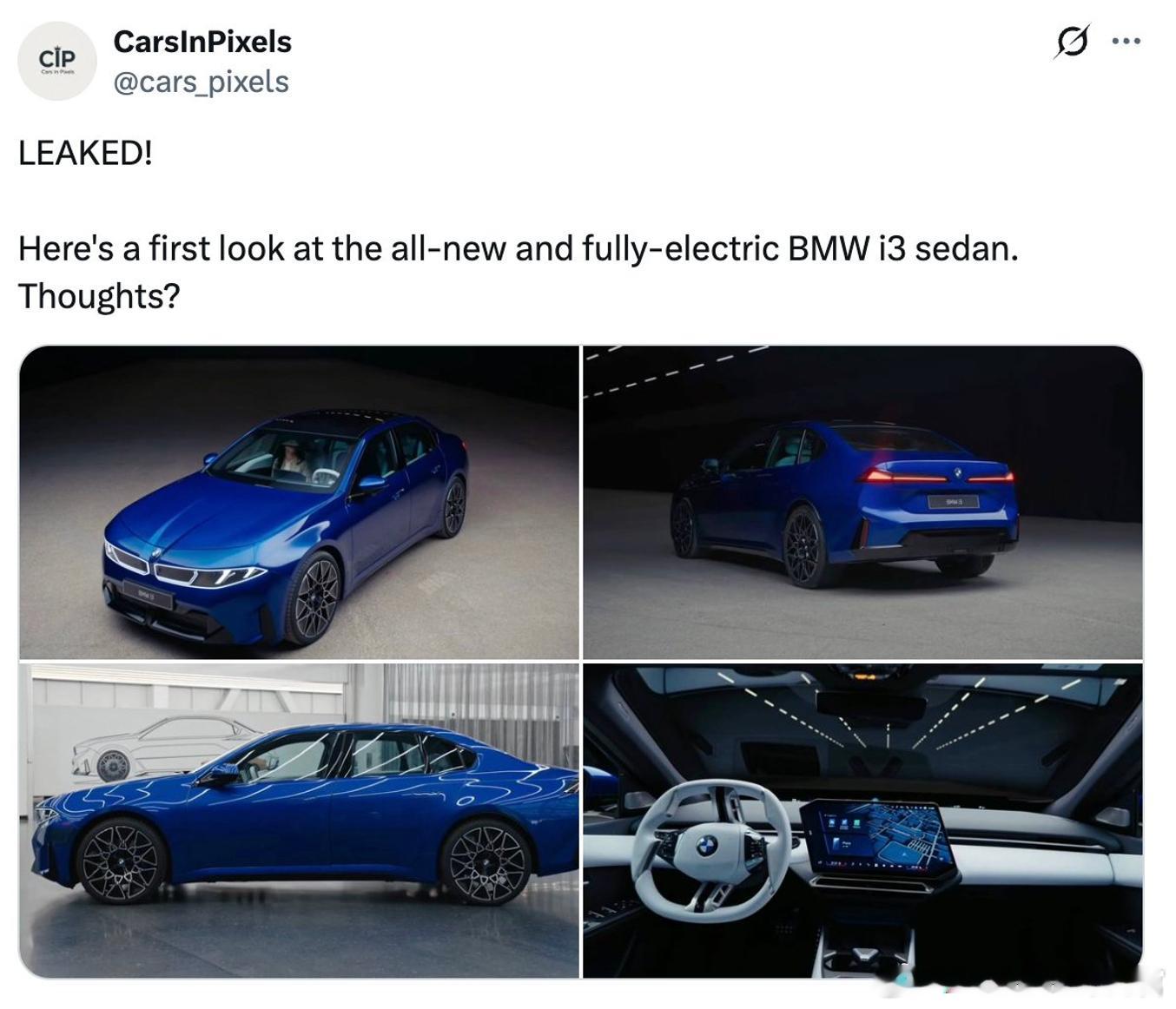 明天就发布的全新宝马i3，今天官图就泄漏了，前脸和内饰设计还行，和宝马的Visi