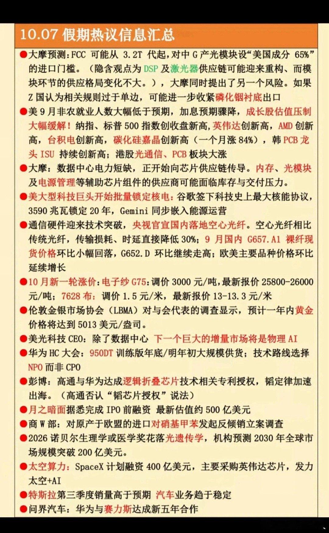 10.7假期市场热点信息汇总，节后A股开盘参考国庆假期海外消息密集发酵，算力、光