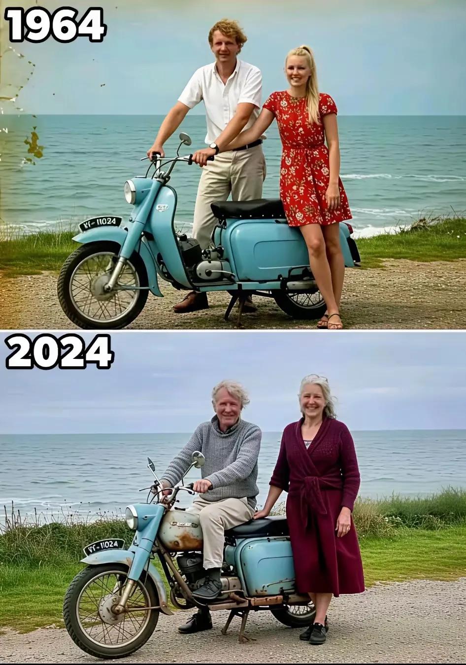 1964到2024，时光荏苒，岁月如梭，不变的是两人骑着心爱的小摩托，一起看海的