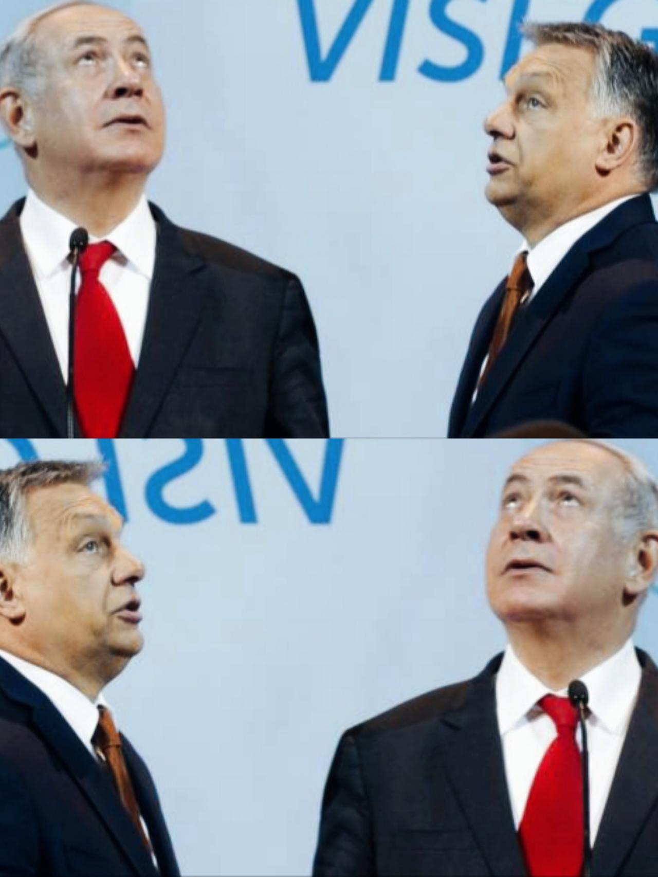 内塔尼亚胡和欧尔班两人仰头在看什么呢？
这是什么东西引起了，内塔尼亚胡和欧尔班的