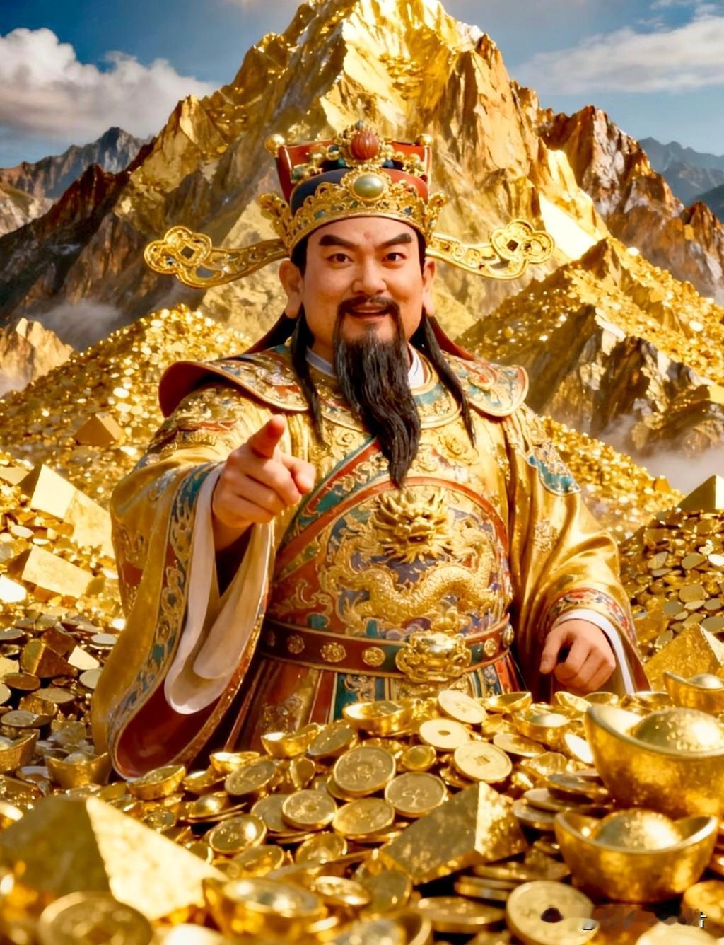 财神一指良缘至，
金山万叠财运兴。