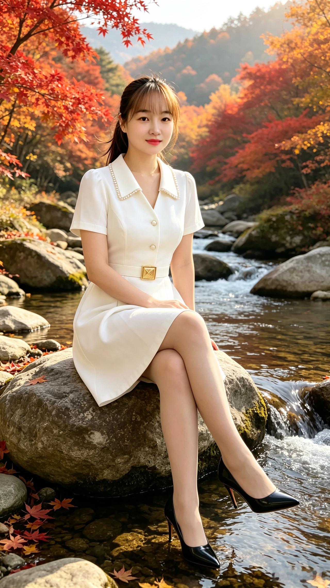 秋涧倩影
闲依青石沐残秋，丹枫满谷水长流。
素衣淡雅凝仙韵，玉颈珍珠添婉柔。
风