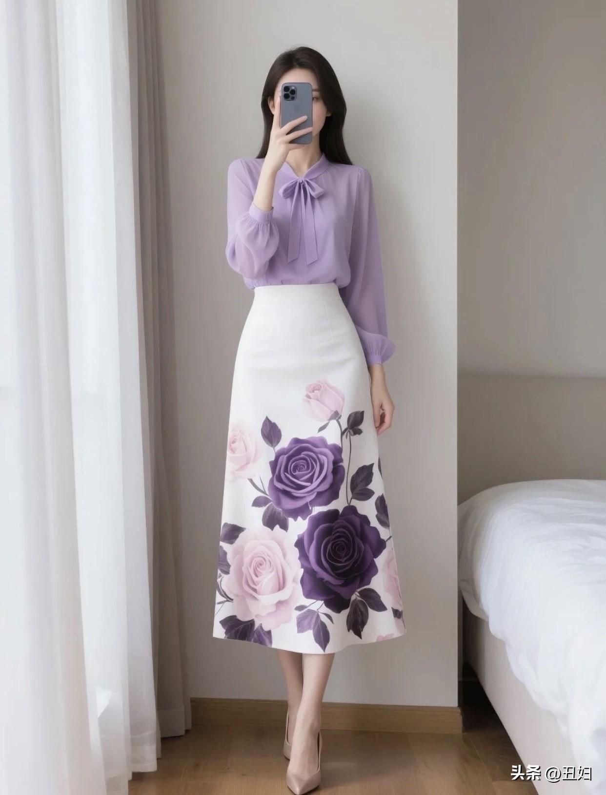 如何穿搭显得淑女一点优雅紫色蝴蝶结衬衫搭配浪漫花卉裙，完美穿搭！