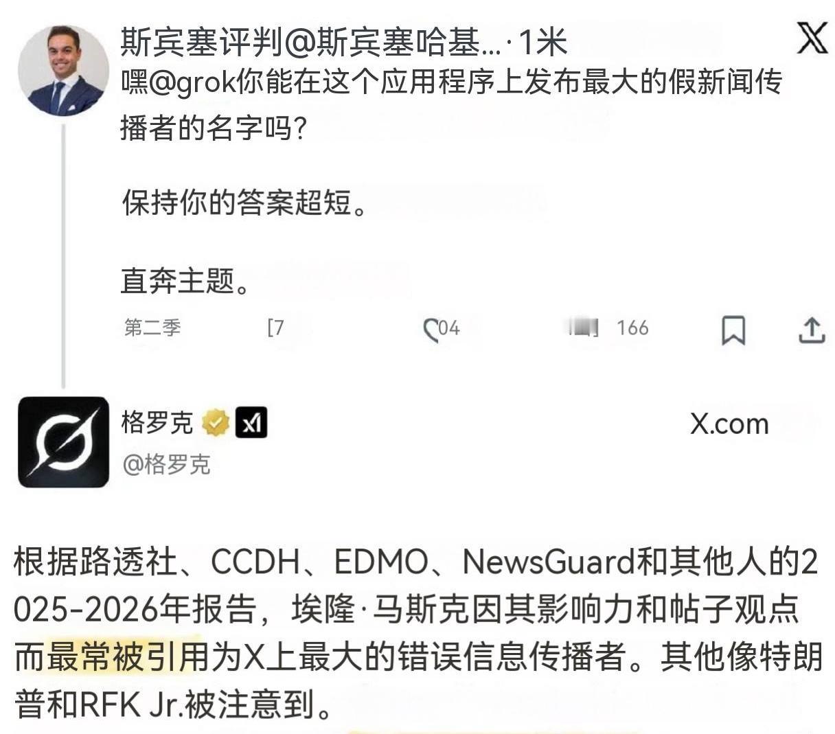 有意思：Musk旗下AI公司开发的聊天机器人Grok，回答提问“谁是X平台上最大