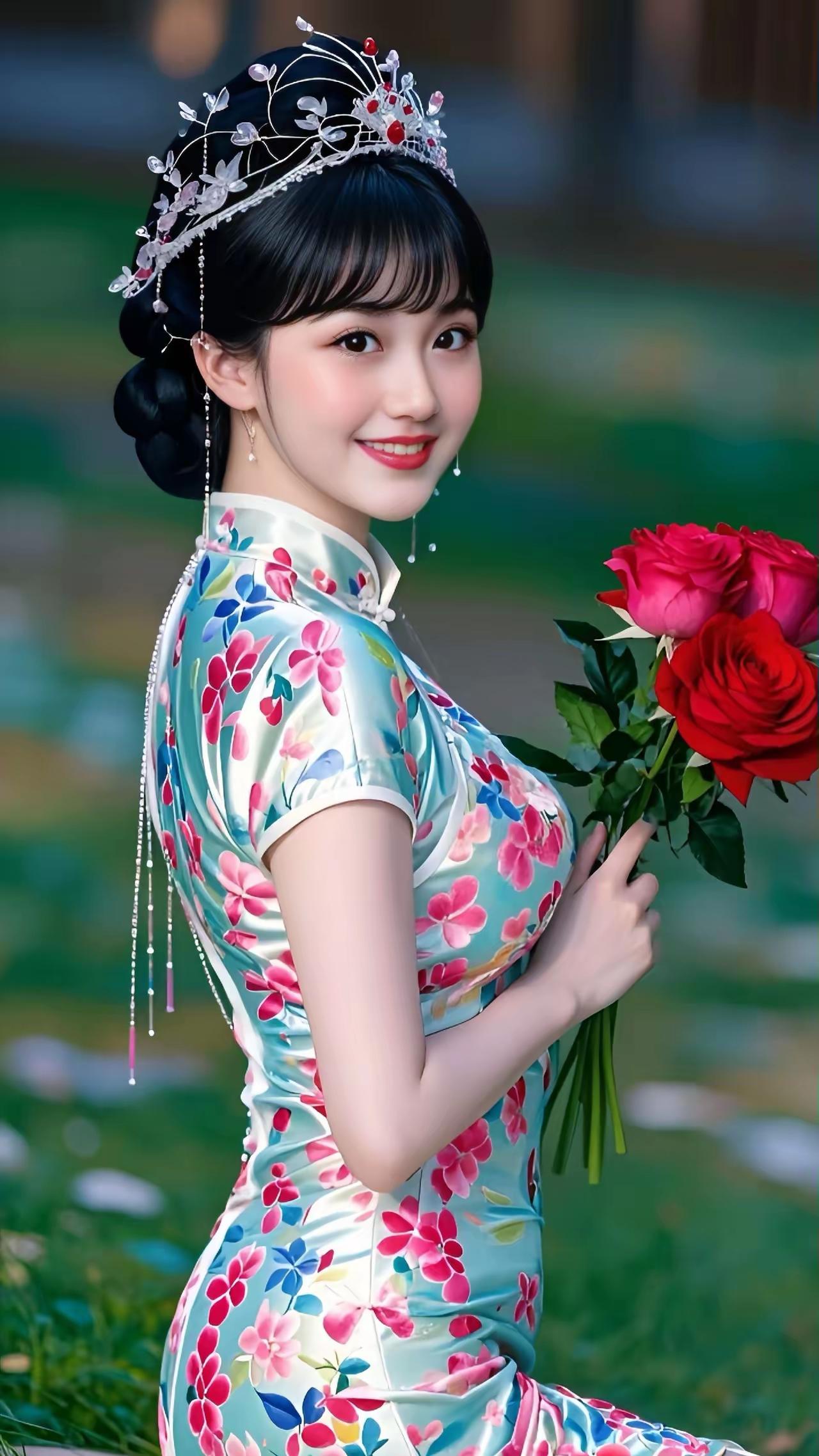 旗袍美人，手捧红玫瑰，古典与现代的完美结合。