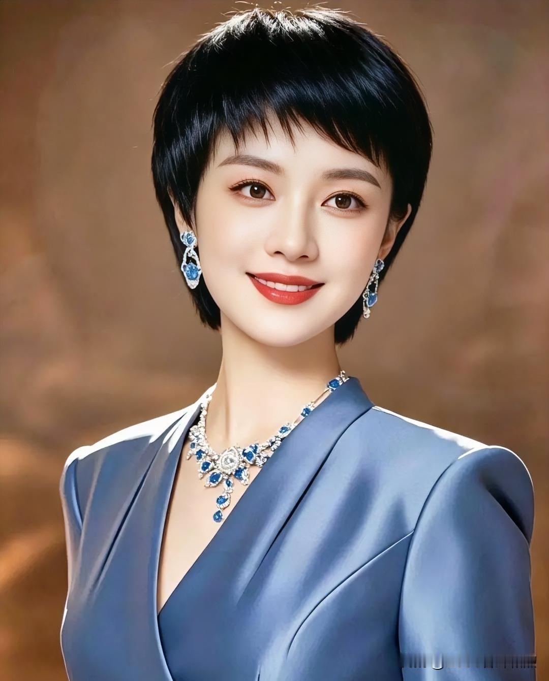墨发裁云映碧穹，蓝宝流光缀玉颈。

明眸浅笑藏星韵，气若幽兰自倾城。

光华熠熠