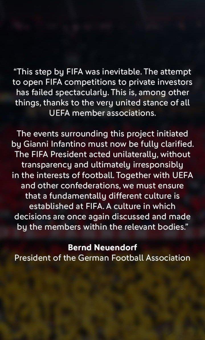 🚨德國足協主席諾恩多夫公開聲明，抵制FIFA主席因凡蒂諾出售世界杯股權：”FI