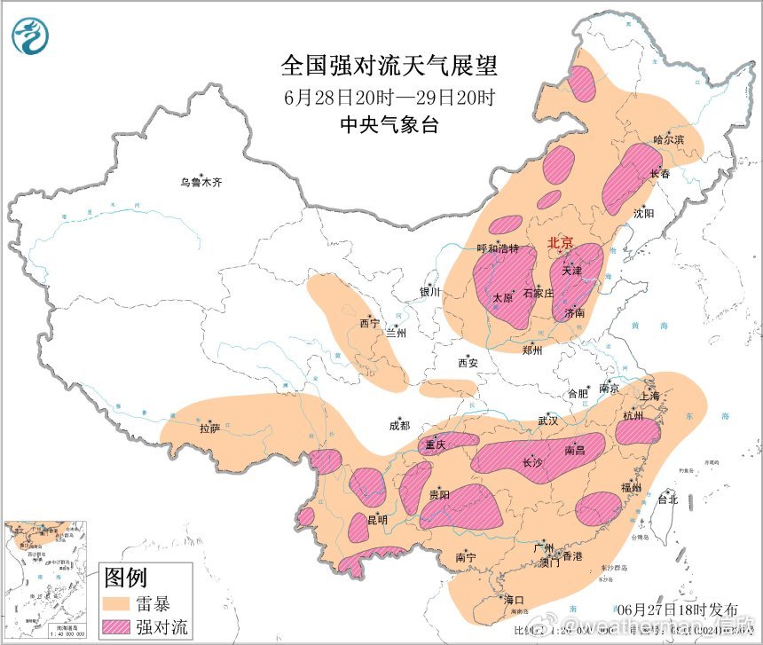 【强对流】今天下午，强对流主要出现在华北和华南。从未来预报看，华北一带，处于冷槽