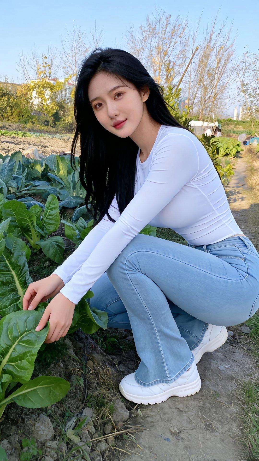 田园少女在菜园里采摘，阳光明媚，笑容灿烂！🌞🌱💐