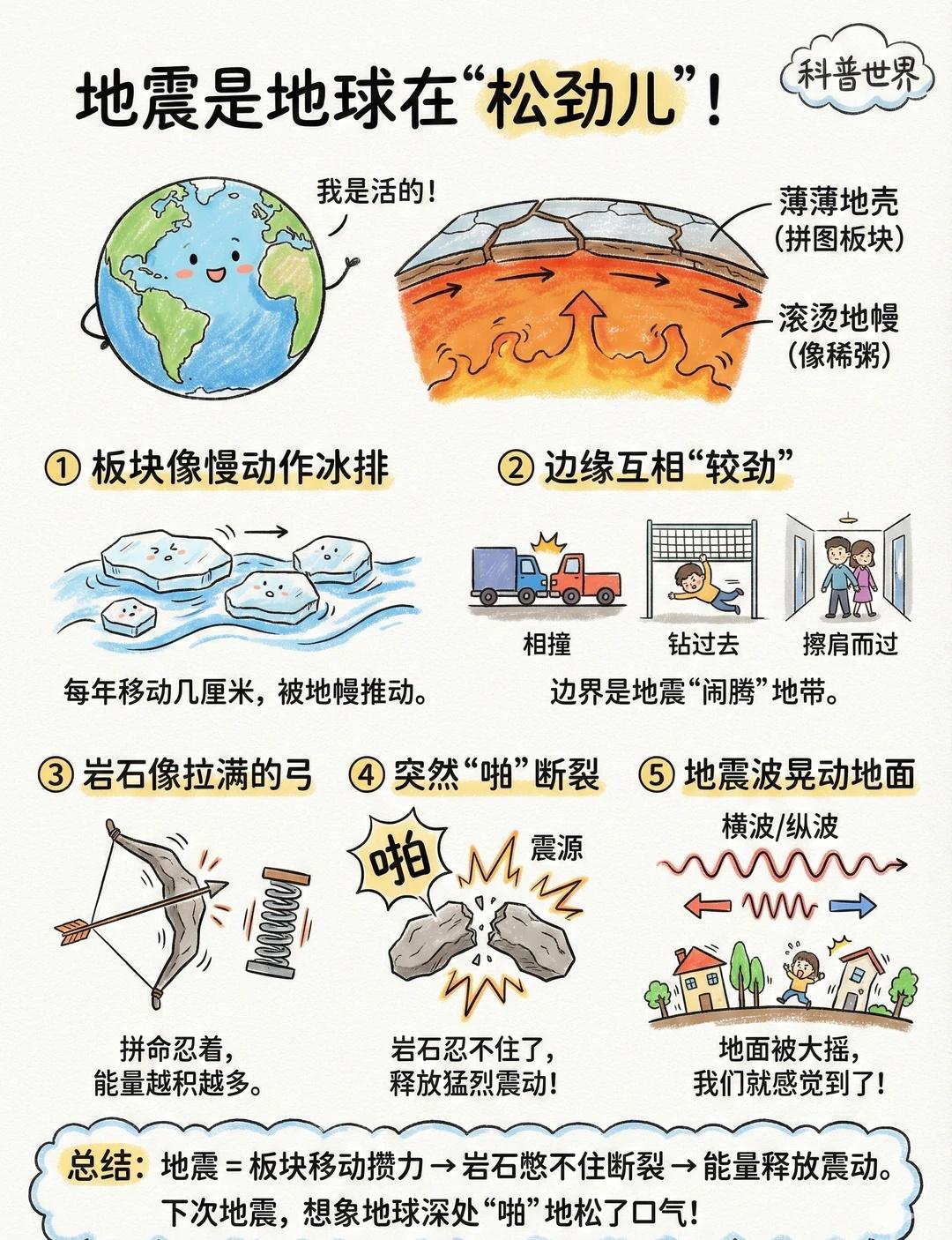 为什么有地震呢？
想象一下，地球不是一个死板的石头球，而是一个活蹦乱跳的“大活人