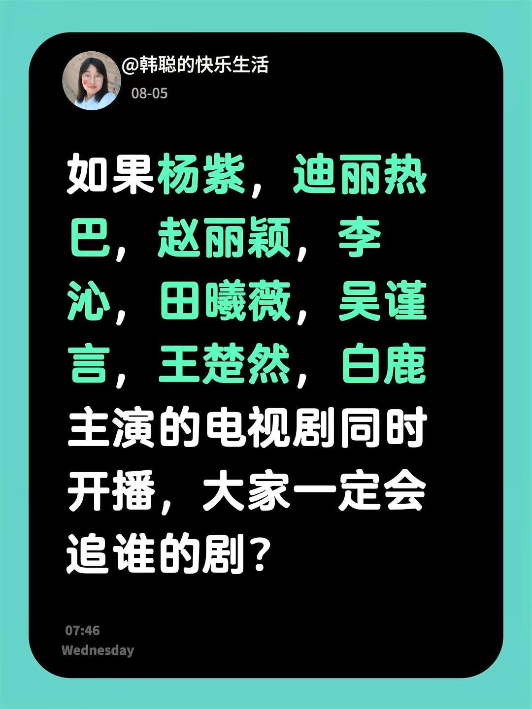 如果杨紫，迪丽热巴，赵丽颖，李沁，田曦薇，吴谨言，王楚然，白鹿主演的电视剧同时开