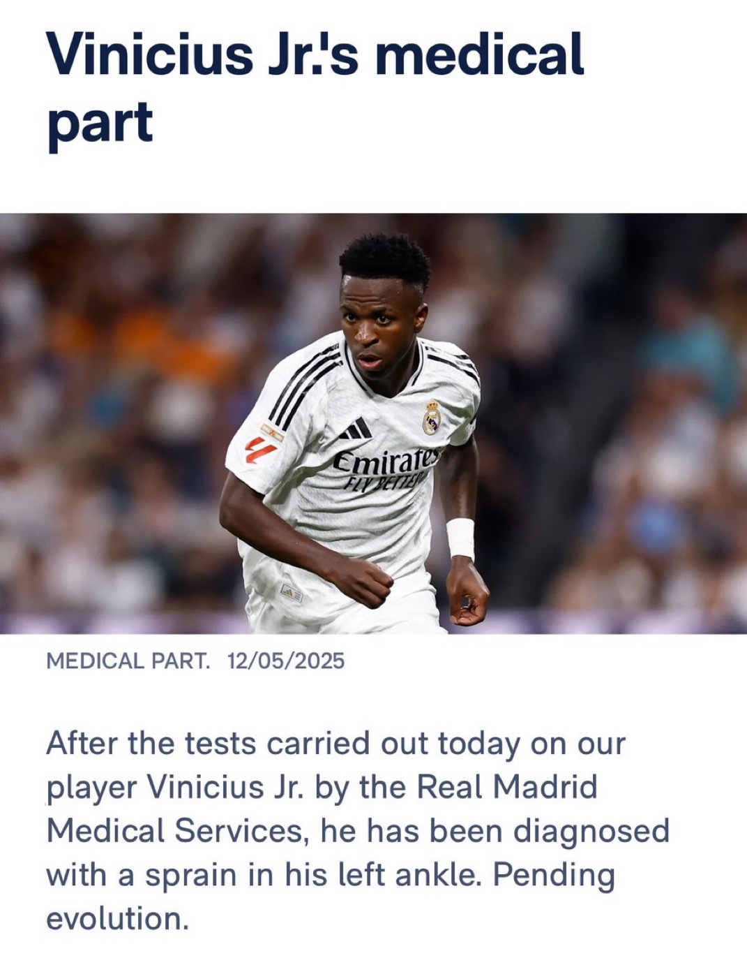 官方：威尼修斯左脚踝扭伤。halamadrid ​​​