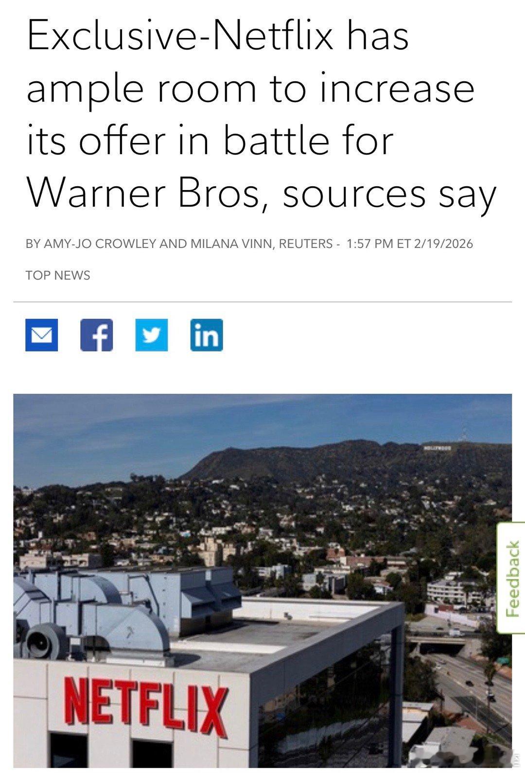 路透社独家：Netflix有足够空间增加对Warner Brothers的出价目