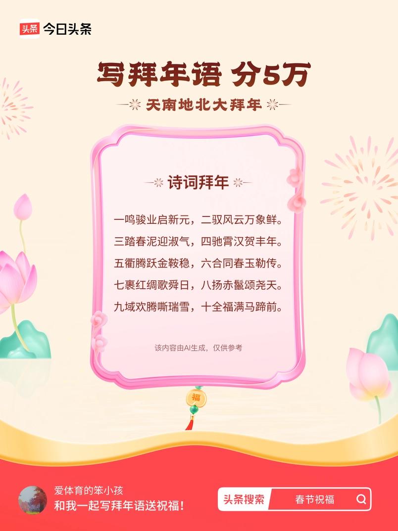 写拜年语送祝福新春拜年送祝福！我的祝福是：“一鸣骏业启新元，二驭风云万象鲜。三踏