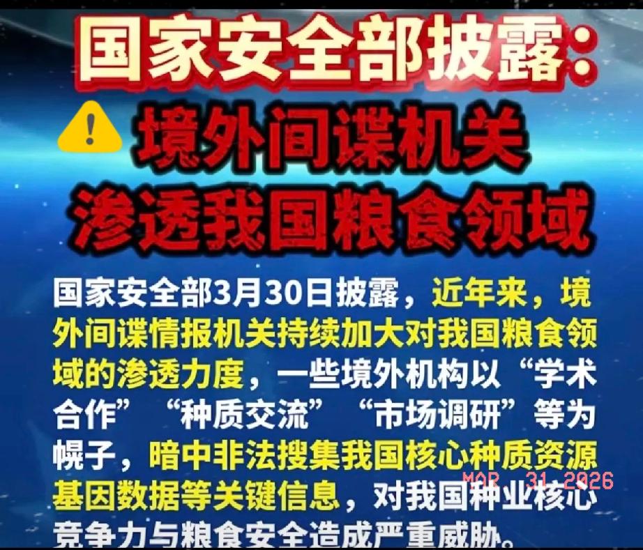 ⚠️ 真不是吓唬人！
境外间谍真盯上咱们的粮食安全了！

国安3月30日刚通报，