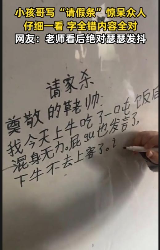 辽宁，一小孩哥写“请假条”，把我看笑了。通篇错别字，但是中心思想对的。

这请假