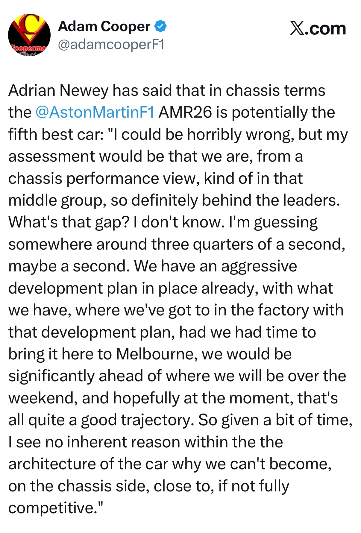纽维表示，阿斯顿马丁AMR26单看底盘的话能排在第五，肯定落后四大车队，差距大约