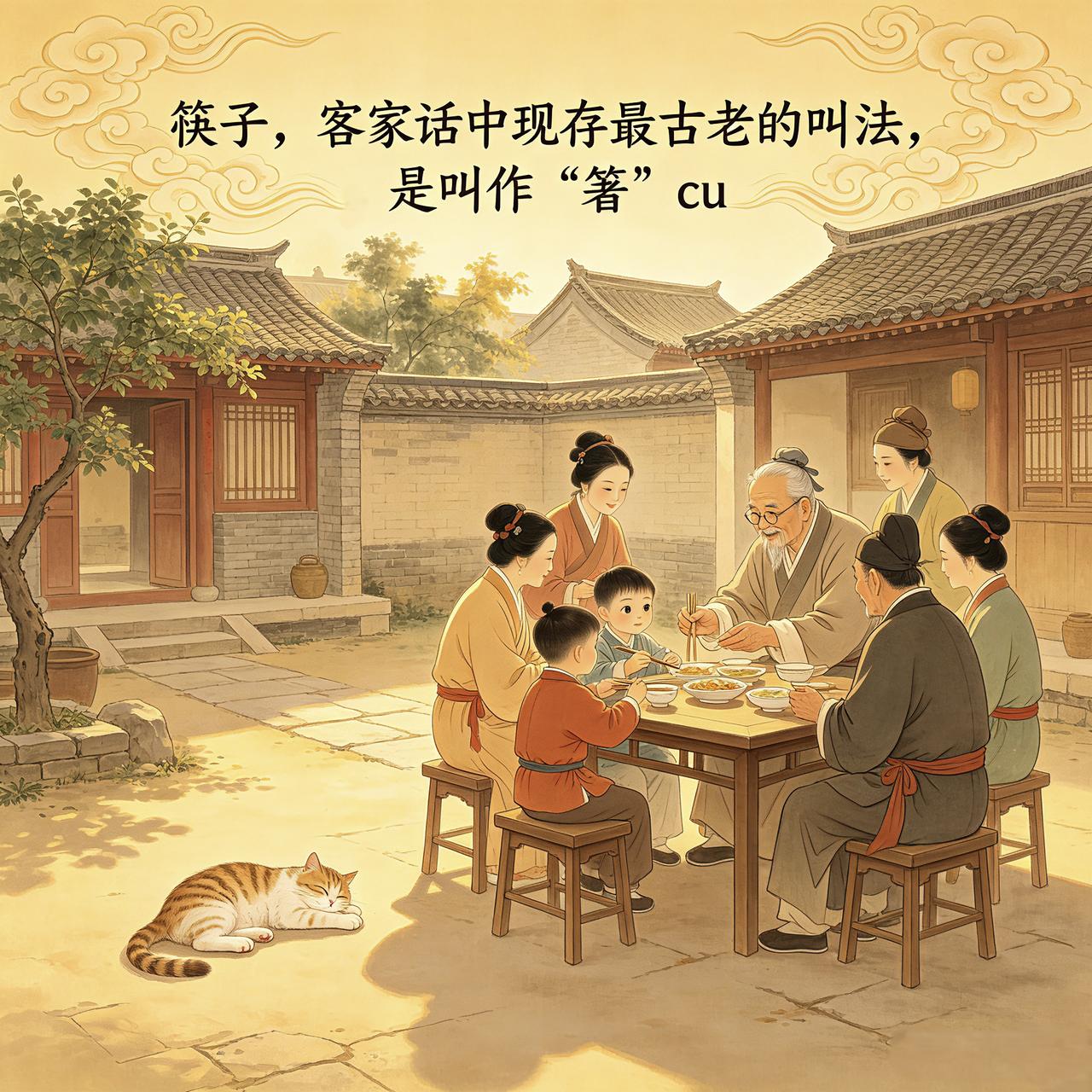 筷子，客家话中现存最古老的叫法，是叫作“箸”cu。
“箸”字，是先秦以来，就有的